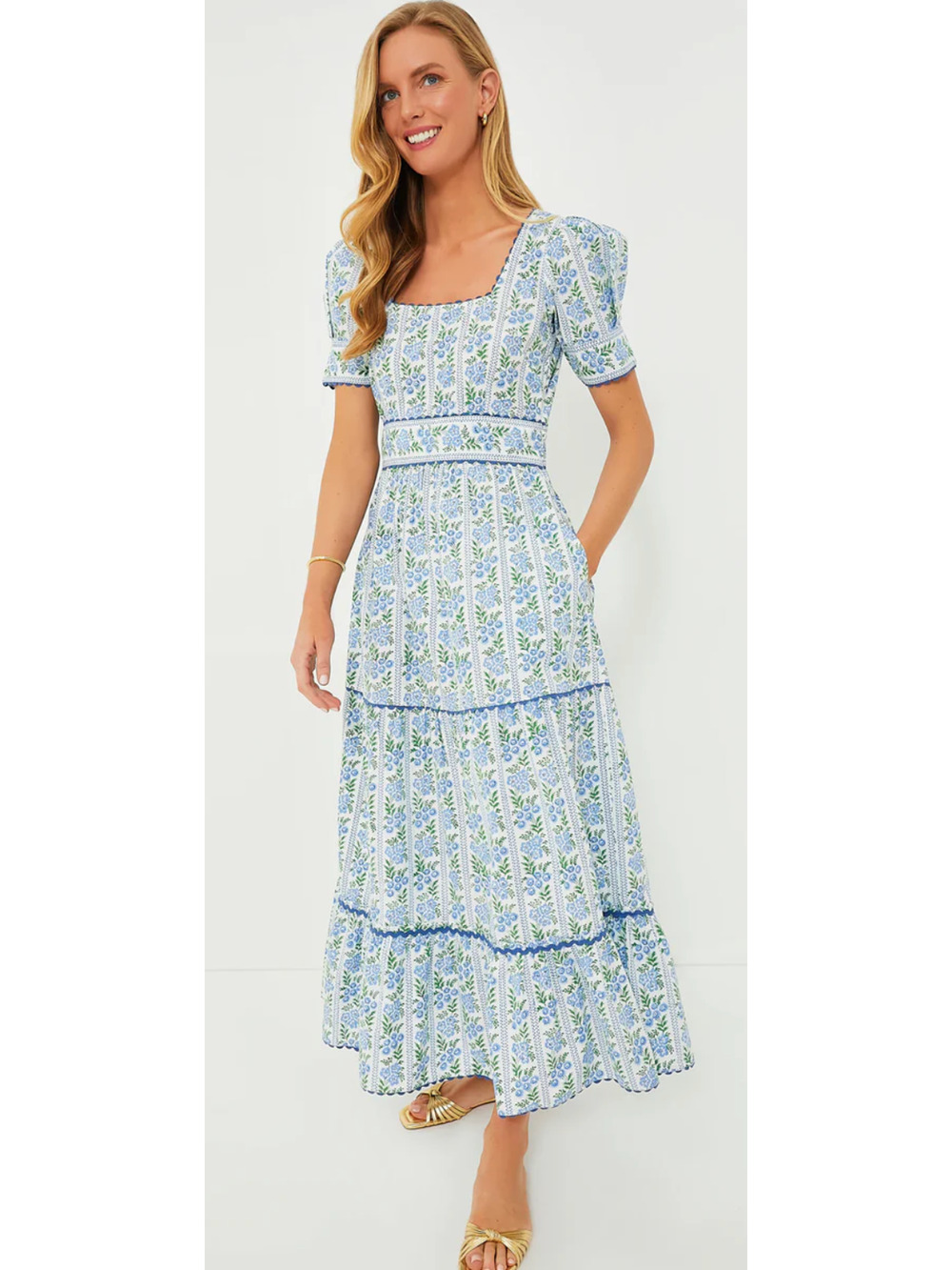 Pink City Prints Cotswolds Blue Border Evelyn Midi Block Tiered Dress Tuckernuck